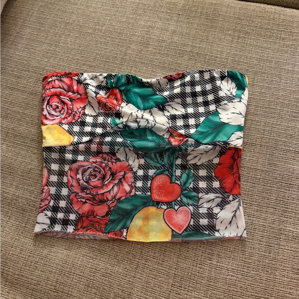 Tiger Mist Floral Checkered Crop Top - Red, Green, Yellow